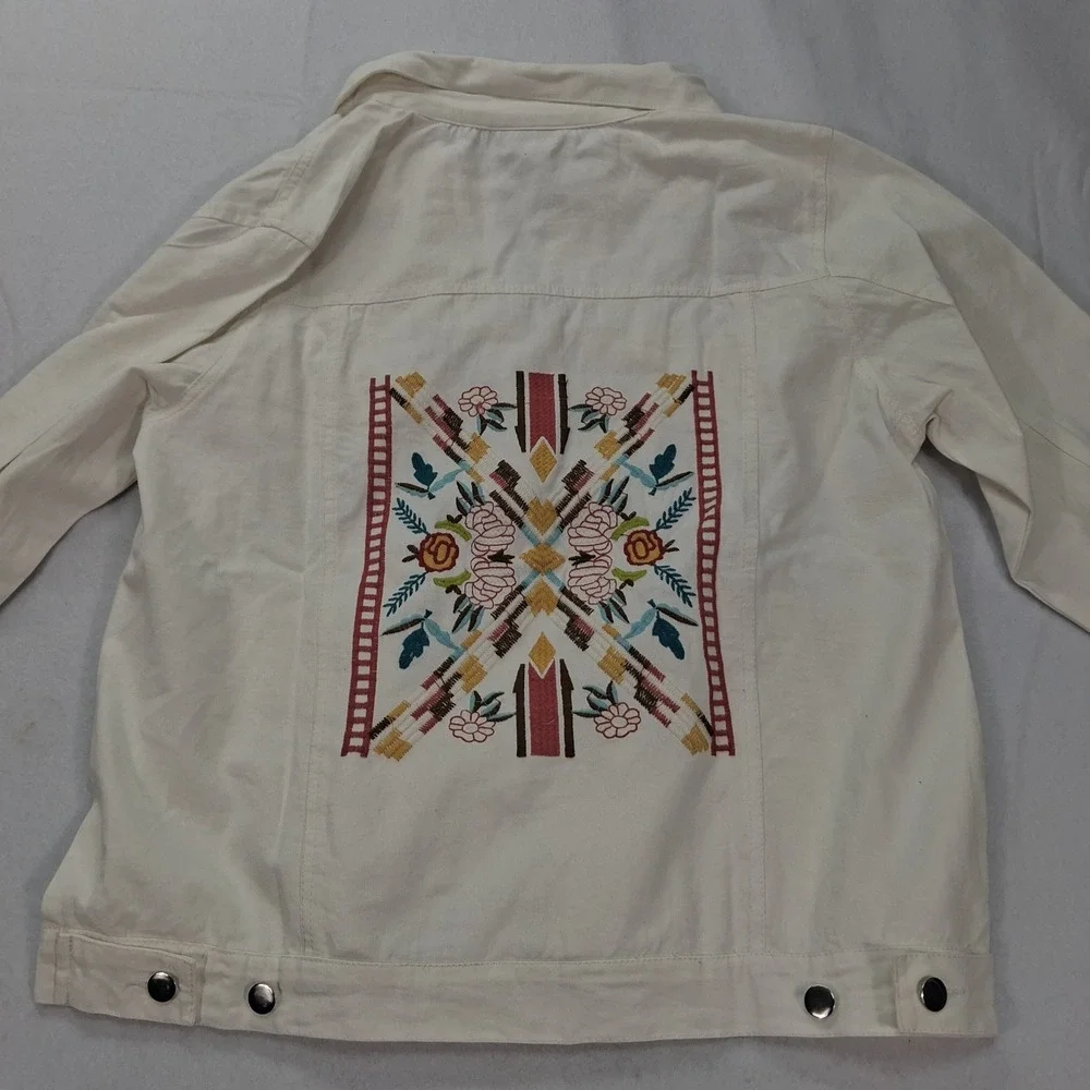 Collections Etc Jacket Womens Large Trucker White Embroidered Floral Cotton EUC